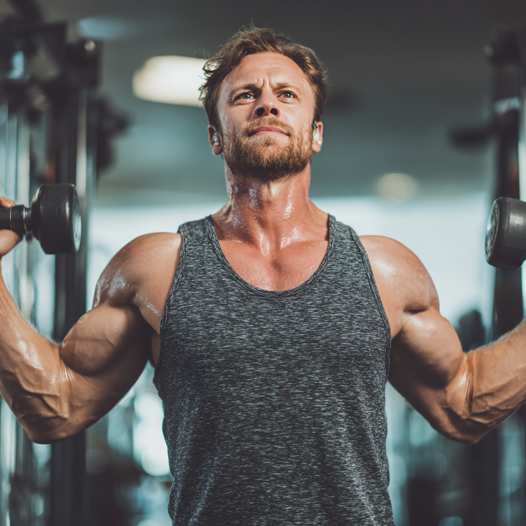 Confident athletic man in gym performing strength training with determination and focus