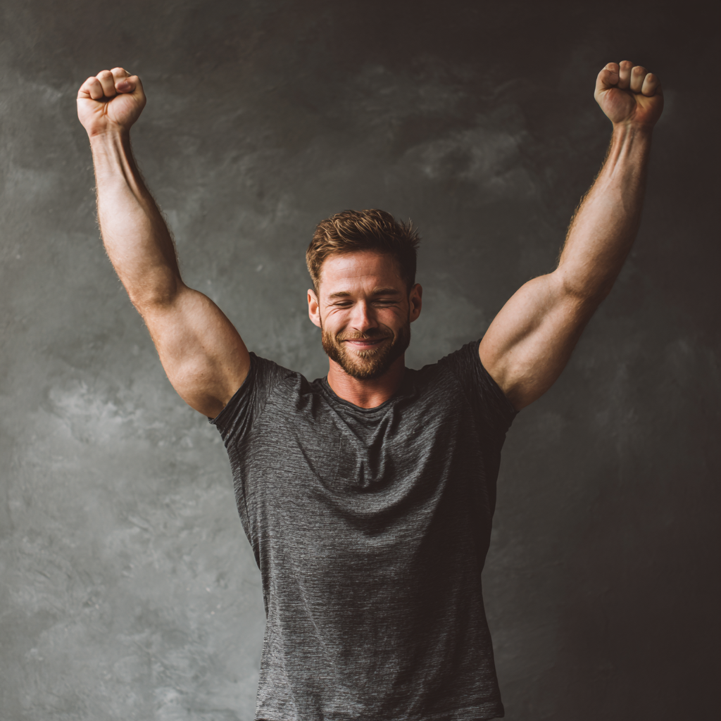 Motivated man celebrating fitness achievement with raised arms showing strength and determination