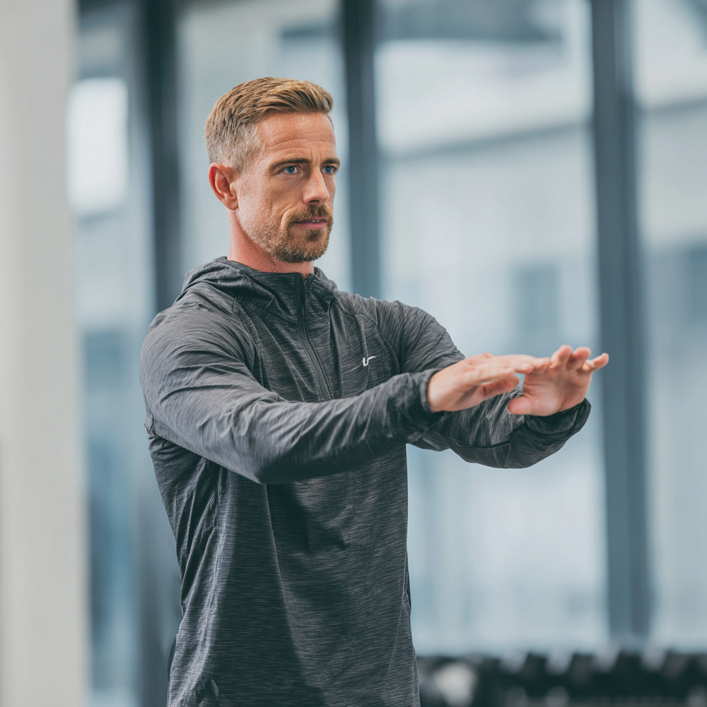 Professional male coach demonstrating exercise technique in modern training facility